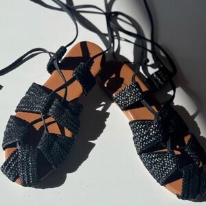 Free People Sunny Gilly Woven Leather Lace Up Flats Sandals Black 7.5